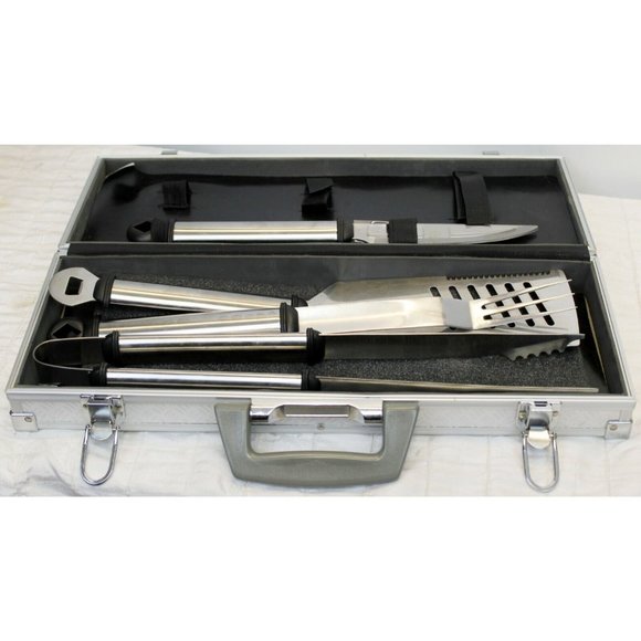Deluxe BBQ Tool 5 pc Set Stainless Steel Metal Storage Diamond-Plate Store Carry - Picture 1 of 7